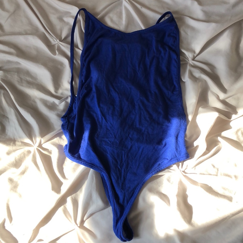 open back, deep blue bodysuit